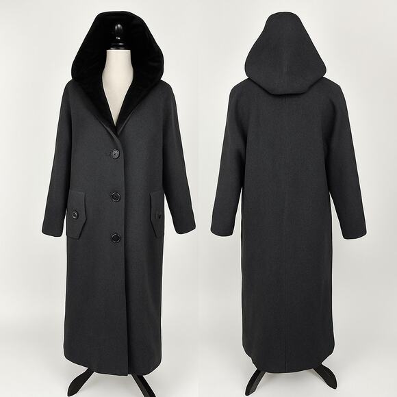 Andrea Charcoal Wool Coat Women’s 14P Hooded Velvet Trim Long Winter Jacket Vtg - Picture 2 of 12